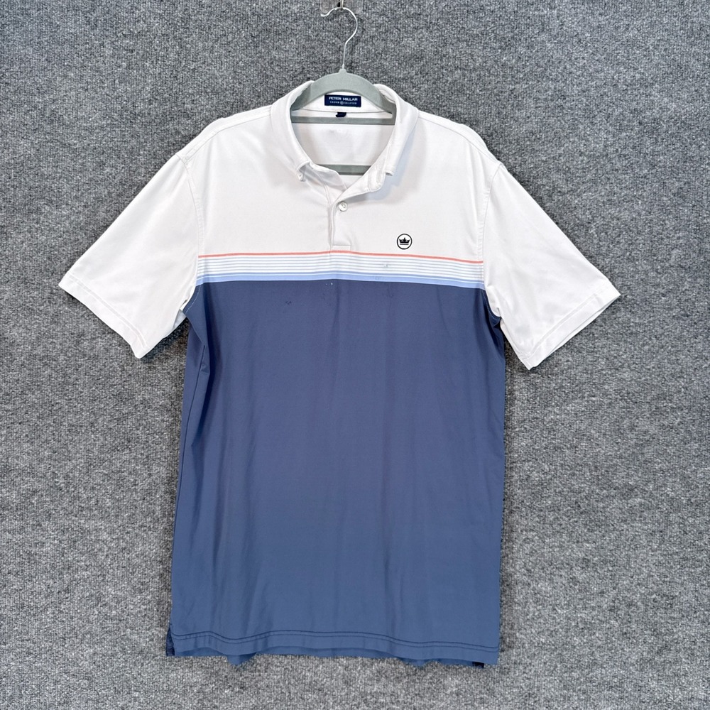 Peter Millar Polo Shirt Men Medium Blue White Striped Crown Crafted Golf Stretch